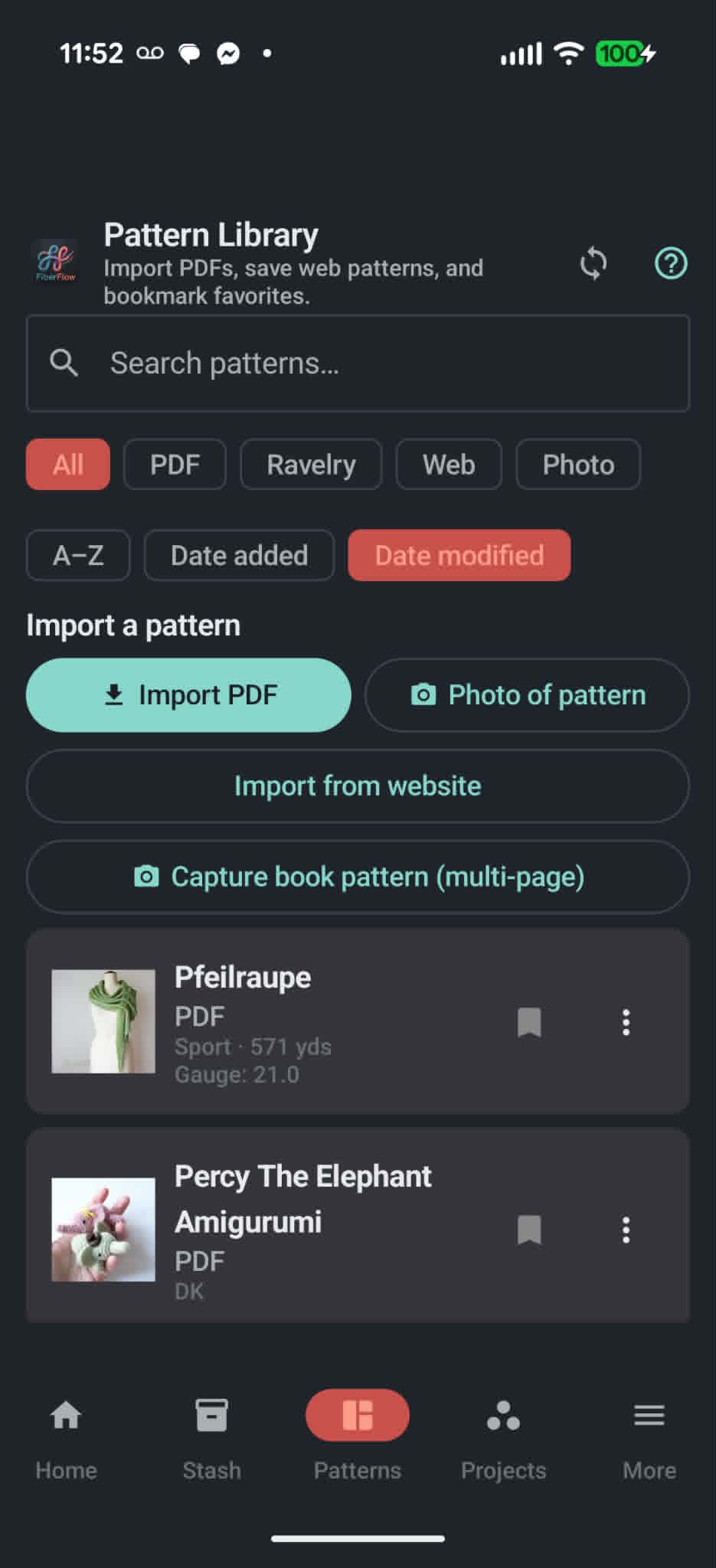 Pattern library with PDF import and bookmarks