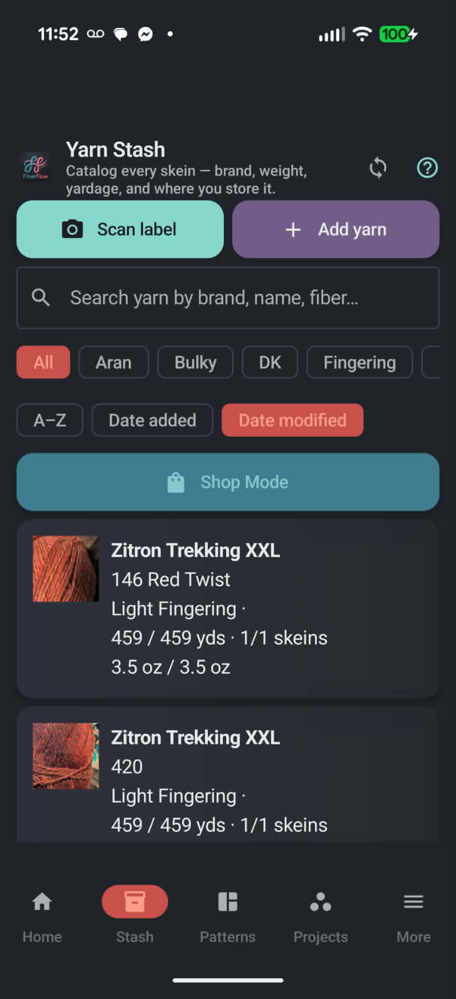 Yarn stash screen with label scan and shop mode